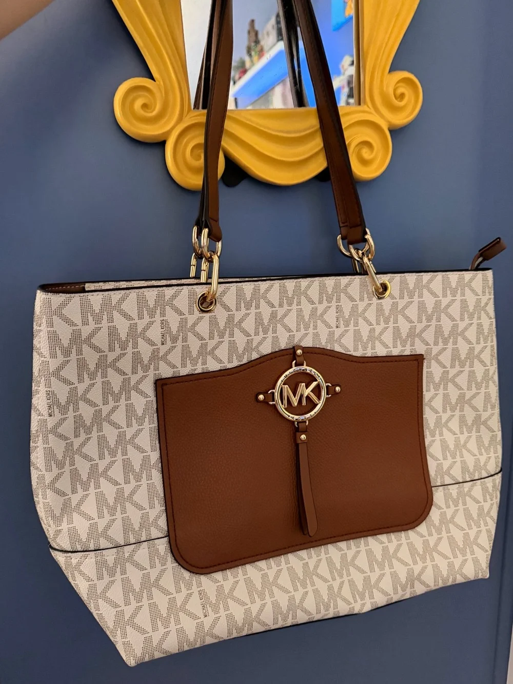 Michael Kors Cream Signature Canvas Tote with Brown Leather Trim
